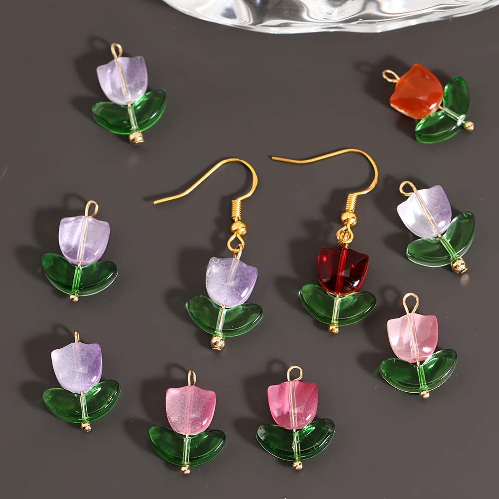 10pcs Glass Tulip Flower Pendants with 3D Leaves Multicolor Necklace Charms